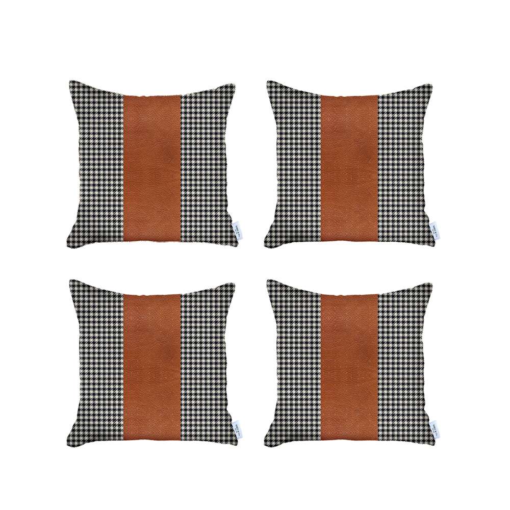 Boho-Chic Set of 4 Handcrafted Decorative Throw Pillow Cover Vegan Faux Leather Houndstooth Pillowcase for Couch, Bedding