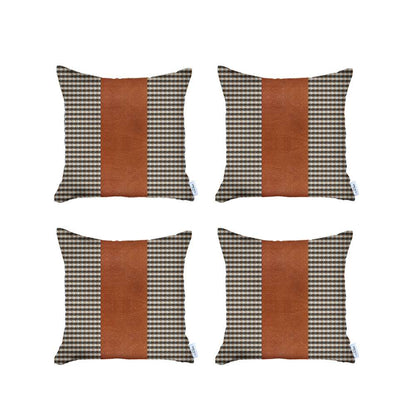 Boho-Chic Set of 4 Handcrafted Decorative Throw Pillow Cover Vegan Faux Leather Houndstooth Pillowcase for Couch, Bedding