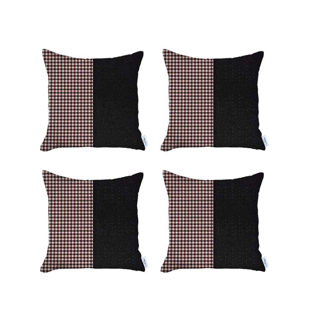 Bohemian Set of 4 Handmade Decorative Throw Pillow Houndstooth Jacquard 18" x 18" Black & Red  Square for Couch, Bedding