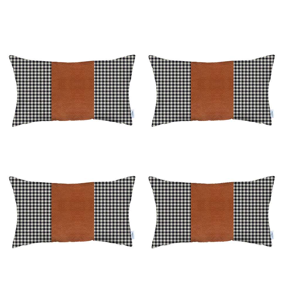 Boho-Chic Set of 4 Handcrafted Decorative Throw Pillow Cover Vegan Faux Leather Houndstooth Pillowcase for Couch, Bedding