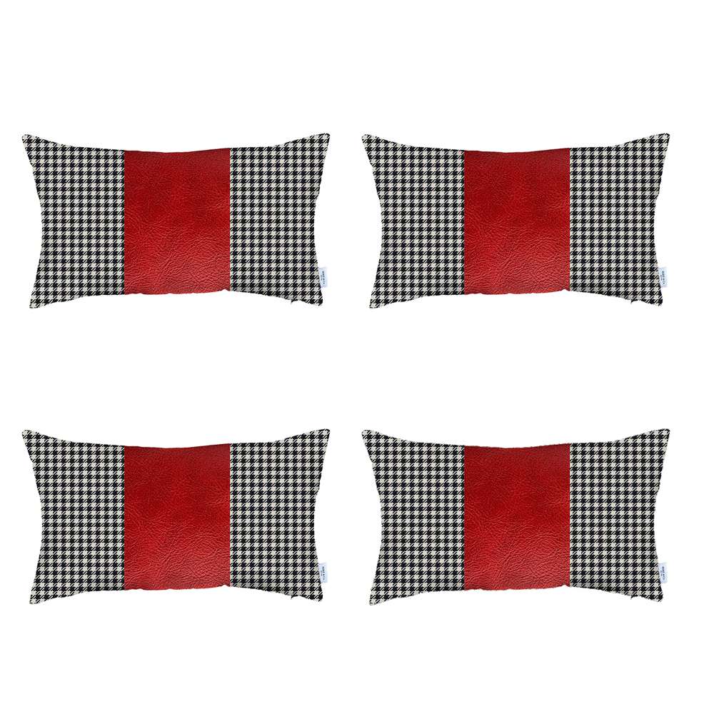 Boho-Chic Set of 4 Handcrafted Decorative Throw Pillow Cover Vegan Faux Leather Houndstooth Pillowcase for Couch, Bedding