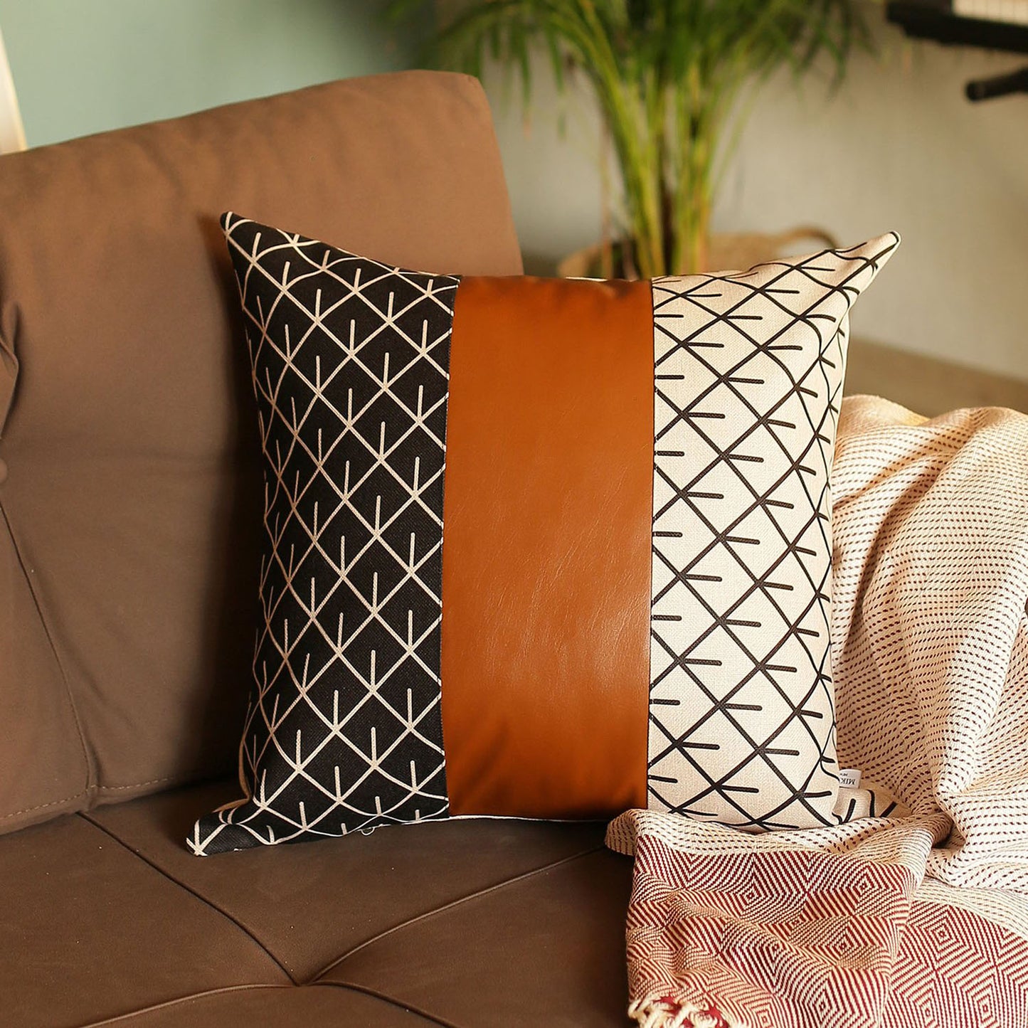 Bohemian Mixed Set of 4 Vegan Faux Leather Brown Geometric Throw Pillow Cover for Couch, Bedding