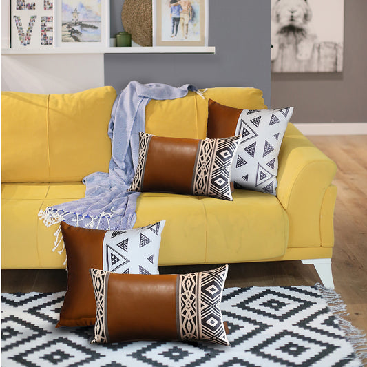 Bohemian Mixed Set of 4 Vegan Faux Leather Brown Geometric Throw Pillow Cover for Couch, Bedding