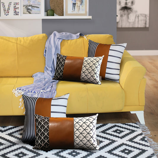 Bohemian Mixed Set of 4 Vegan Faux Leather Brown Geometric Throw Pillow Cover for Couch, Bedding